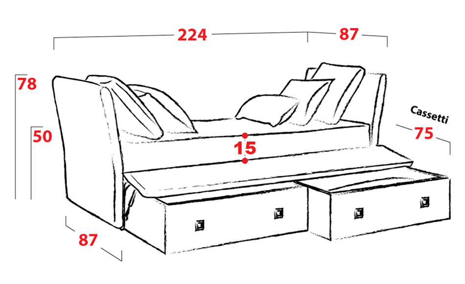 Divano letto dormeuse con 2 cassettoni estraibili, offerta imperdibile! Personalizzabile nel tessuto e nel colore, oltre ad essere 100% sfoderabile.