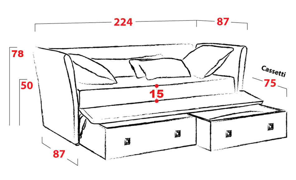 Divano letto con 2 cassettoni estraibili, offerta imperdibile! Personalizzabile nel tessuto e nel colore, oltre ad essere 100% sfoderabile.