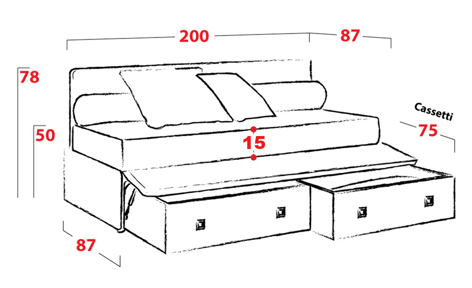 Divano letto con 2 cassettoni estraibili, offerta imperdibile! Personalizzabile nel tessuto e nel colore, oltre ad essere 100% sfoderabile.