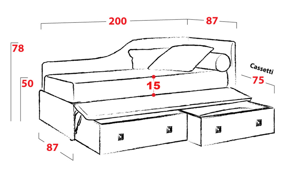 Divano letto dormeuse con 2 cassettoni estraibili, offerta imperdibile! Personalizzabile nel tessuto e nel colore, oltre ad essere 100% sfoderabile.