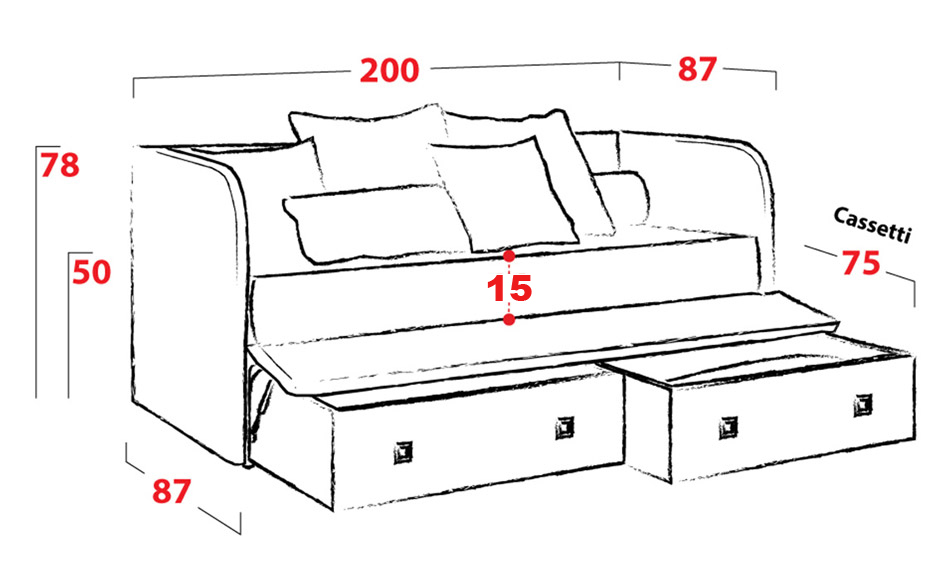 Divano letto con 2 cassettoni estraibili, offerta imperdibile! Personalizzabile nel tessuto e nel colore, oltre ad essere 100% sfoderabile.