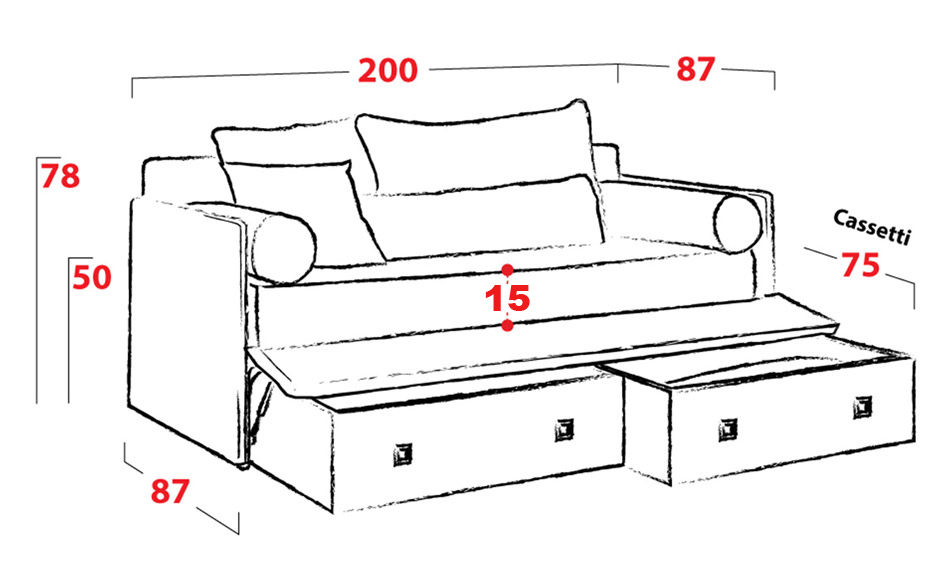 Divano letto con 2 cassettoni estraibili, offerta imperdibile! Personalizzabile nel tessuto e nel colore, oltre ad essere 100% sfoderabile.