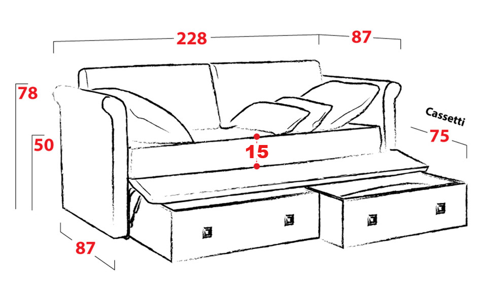 Divano letto con 2 cassettoni estraibili, offerta imperdibile! Personalizzabile nel tessuto e nel colore, oltre ad essere 100% sfoderabile.