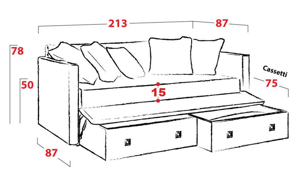 Divano letto con 2 cassettoni estraibili, offerta imperdibile! Personalizzabile nel tessuto e nel colore, oltre ad essere 100% sfoderabile.