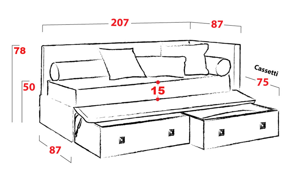 Divano letto dormeuse con 2 cassettoni estraibili, offerta imperdibile! Personalizzabile nel tessuto e nel colore, oltre ad essere 100% sfoderabile.