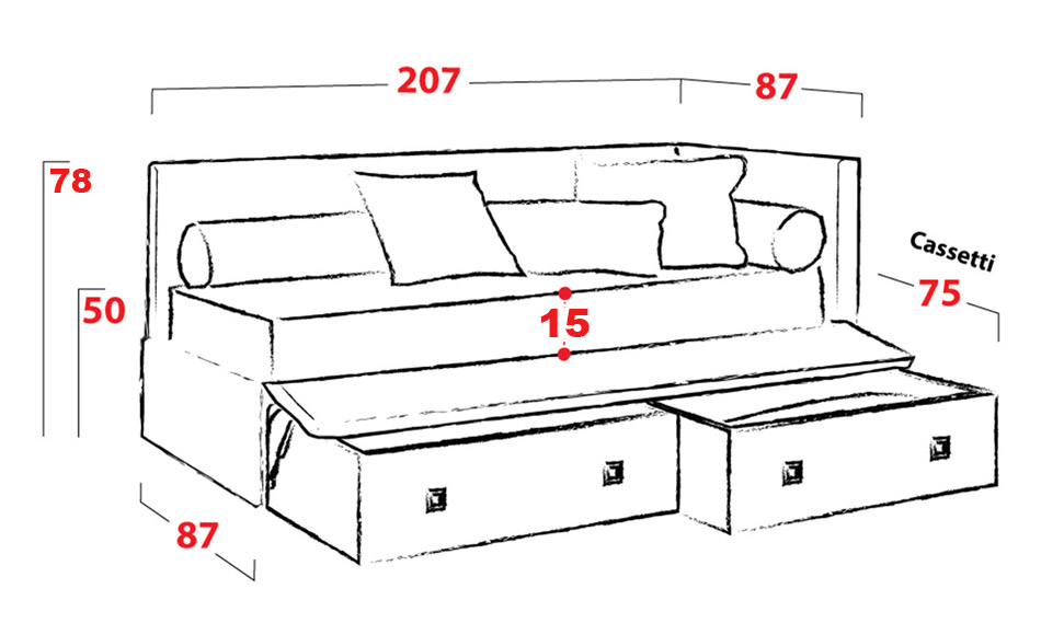 Divano letto dormeuse con 2 cassettoni estraibili, offerta imperdibile! Personalizzabile nel tessuto e nel colore, oltre ad essere 100% sfoderabile.