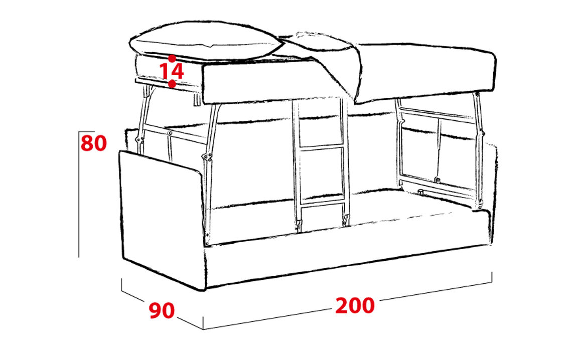 Misura: L. 200 x H. 80 x P. 90<br>con letto a castello alzato H. 121 Cm